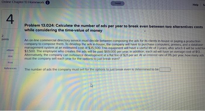  Online Chapter 13 Homework Sod Help 4 Problem 13.024: Calculate the