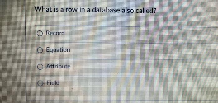  What is a row in a database also called? O Record
