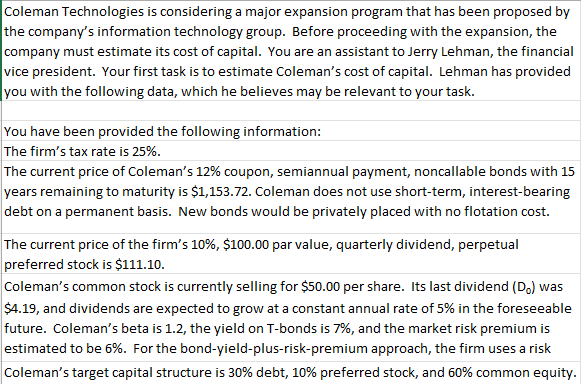  Coleman Technologies is considering a major expansion program that has been