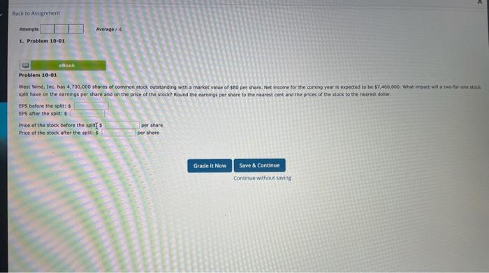  Back to Assiment Attempt Average / 4 1. Problem 10-01 BOOK