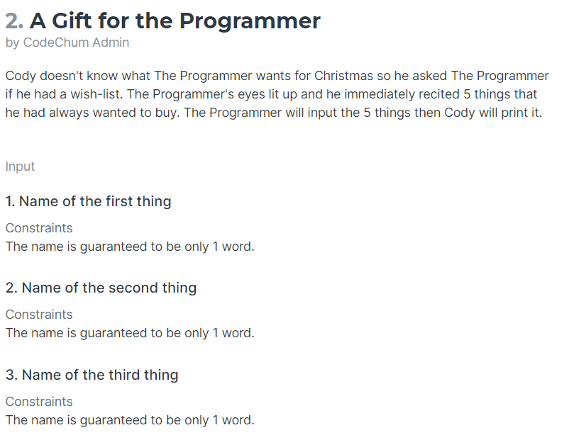 2. A Gift for the Programmer by CodeChum Admin Cody doesn't