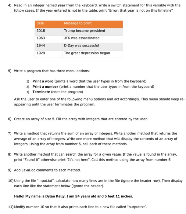 please do it with java 4) Read in an integer named year