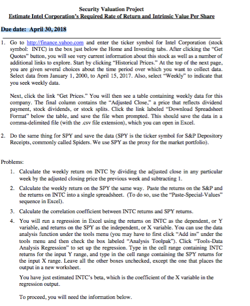 Security Valuation Project Due date: April 30,2018 1. Go to and