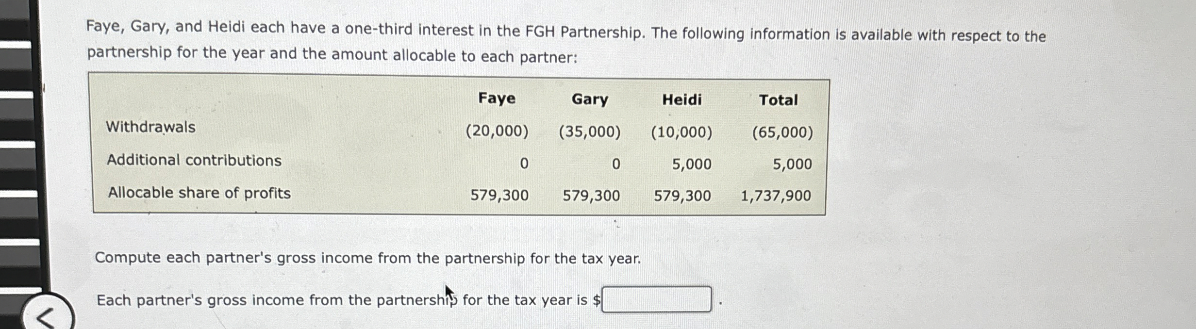  Faye, Gary, and Heidi each have a one-third interest in the