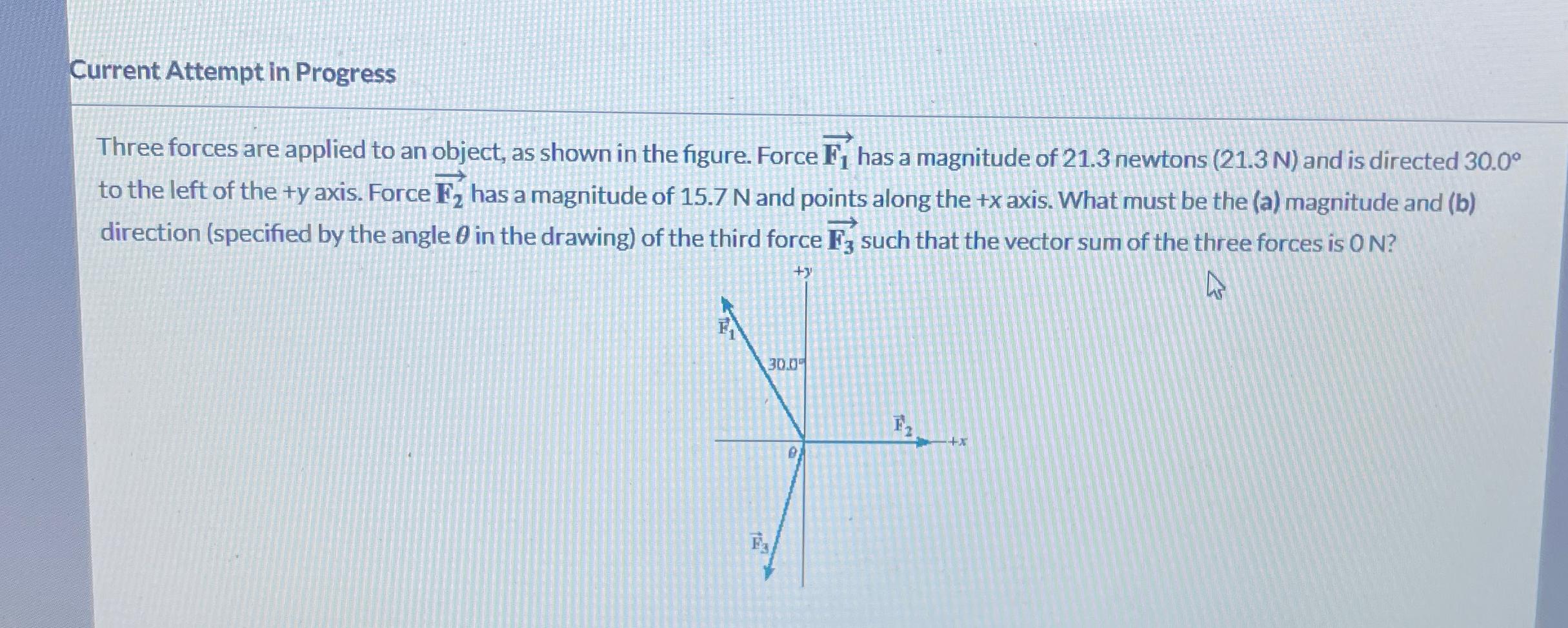  Current Attempt in Progress Three forces are applied to an object,