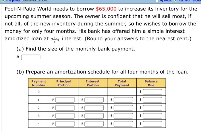  yNotes Pool-N-Patio World needs to borrow $65,000 to increase its inventory