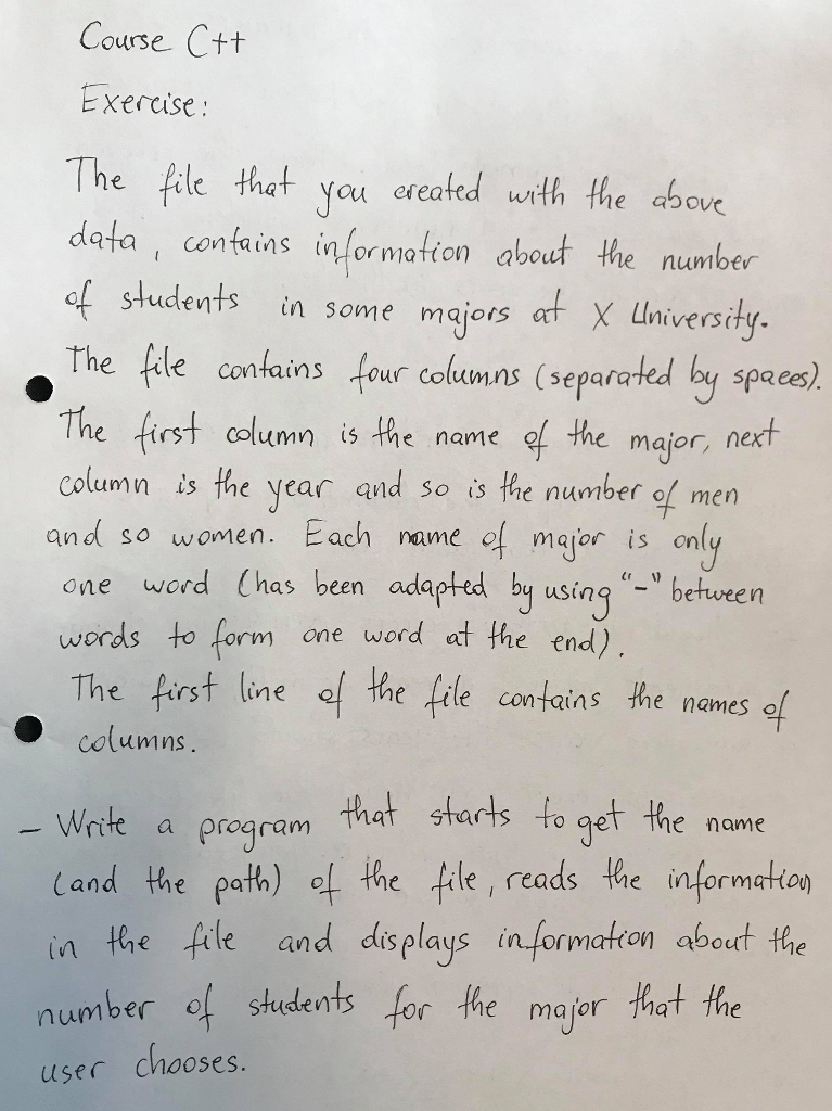  Course: C++ Here down are given the data that you are