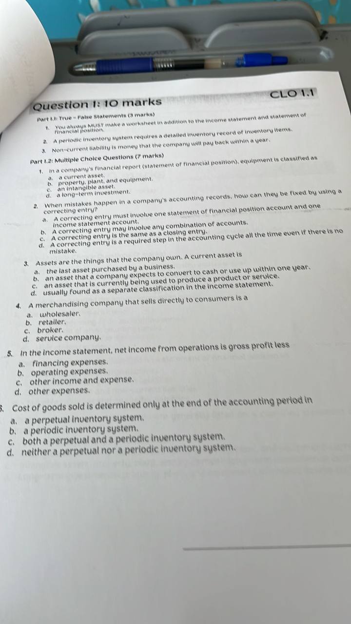  Question 1: 10 marks Aart h.1 True = False statements (3