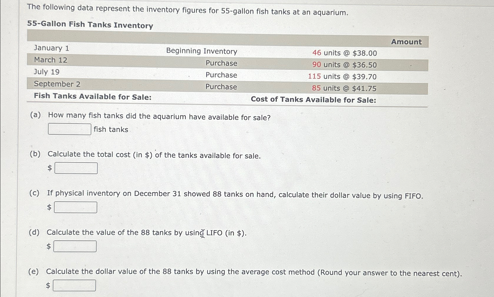  The following data represent the inventory figures for 55-gallon fish tanks