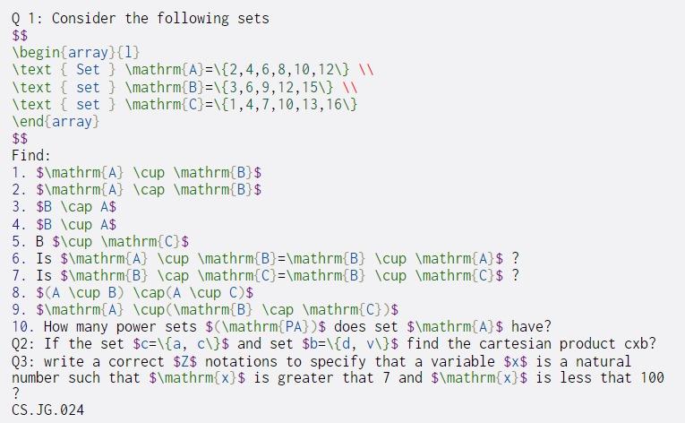  Q1: Consider the following sets $$ \begin{array}{1} \text { Set }