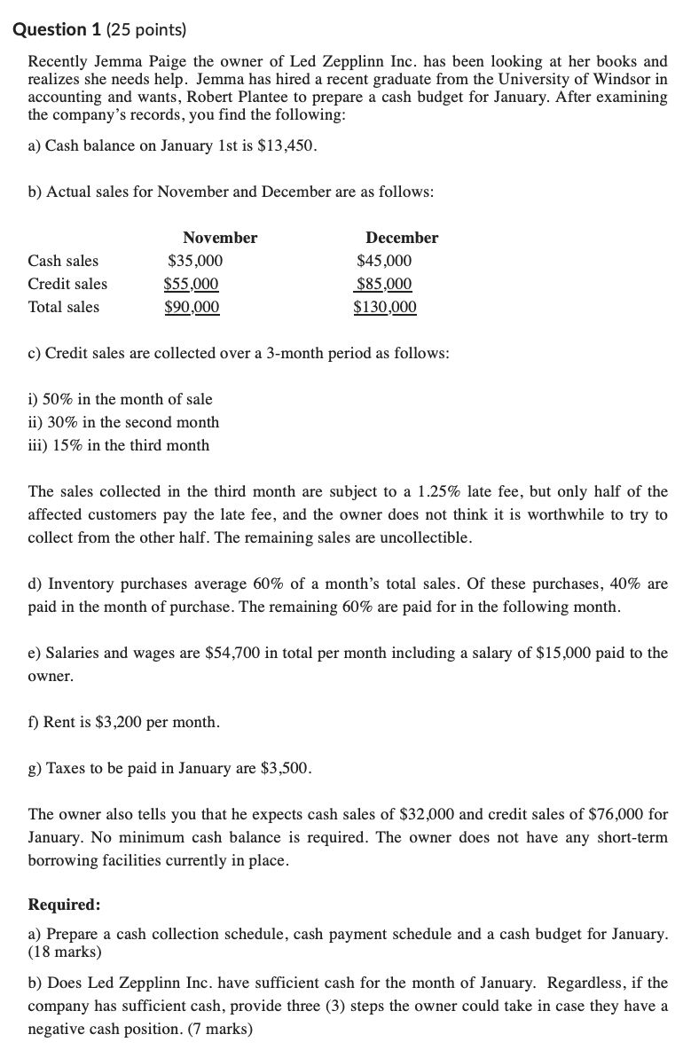  Question 1(25 points) Recently Jemma Paige the owner of Led Zepplinn