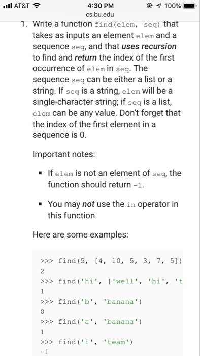  IAT&T 4:30 PM cs.buedu 1. Write a tunction find(elem, seq) that