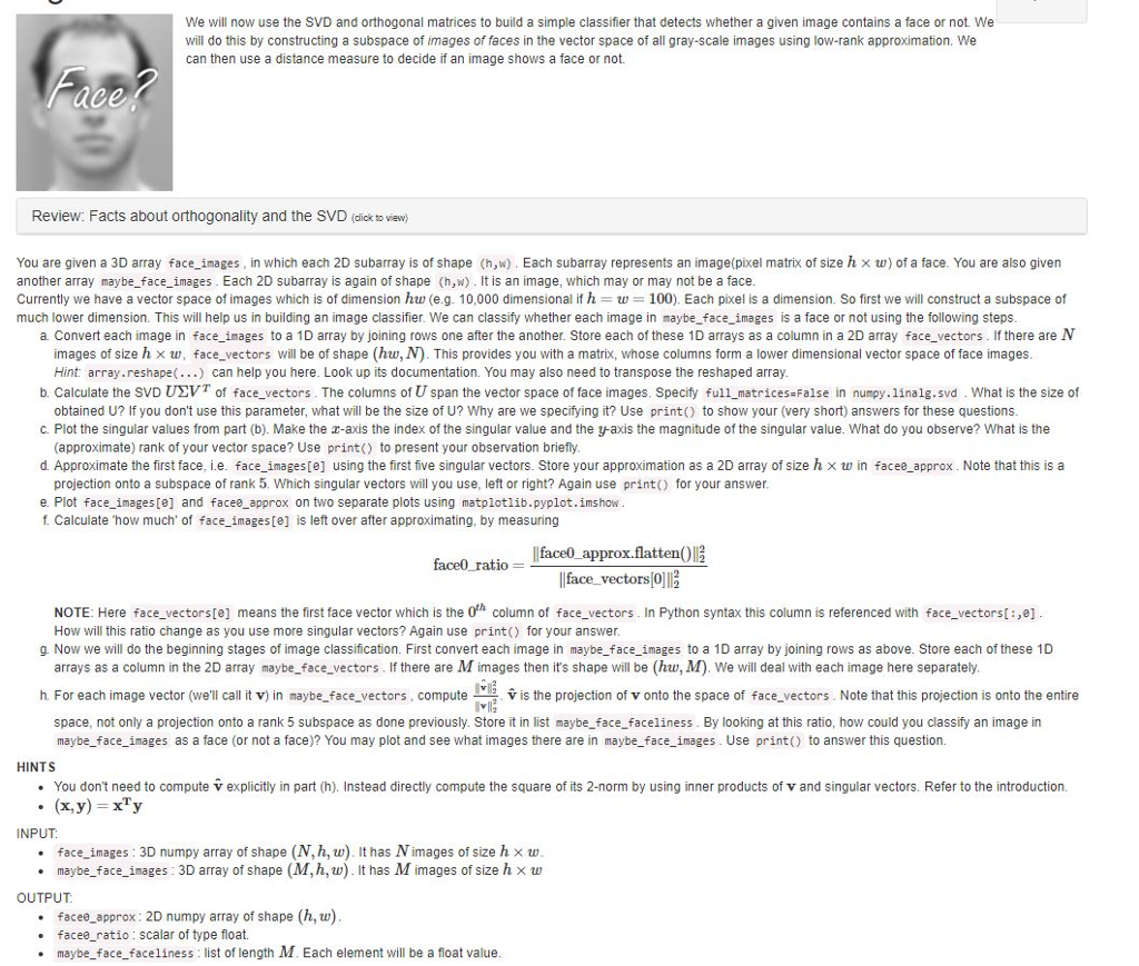 Using single value decomposition in Python 3 to locate faces. Setup Code: