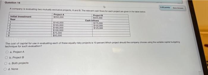  Question 14 333 A company is evaluating two mutually exclusive projects,