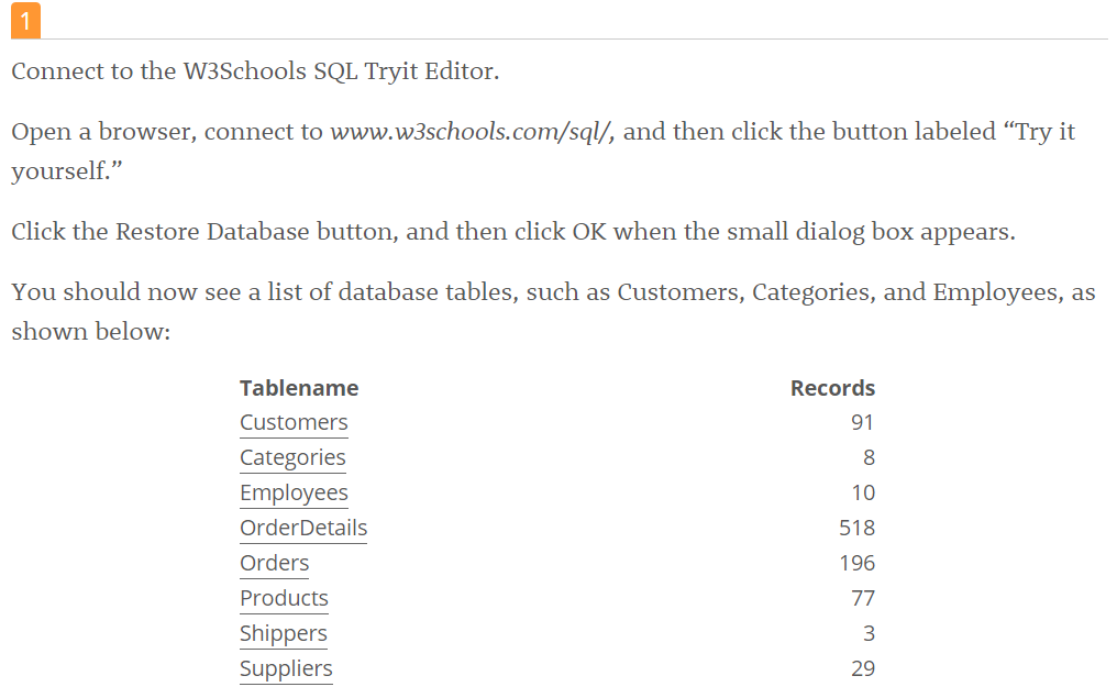  Connect to the W3Schools SQL Tryit Editor. Open a browser, connect