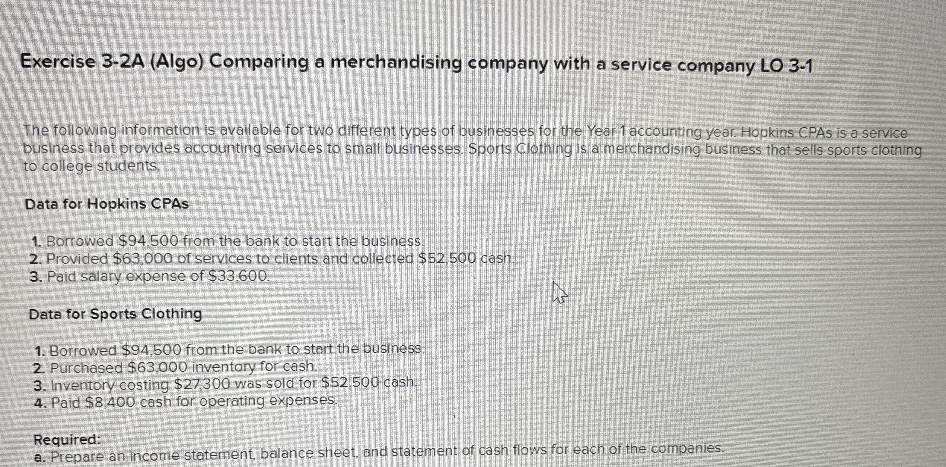  Exercise 3-2A (Algo) Comparing a merchandising company with a service company