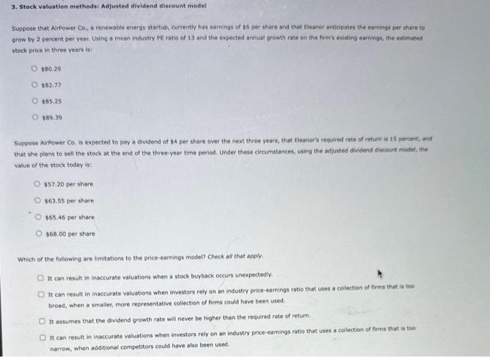  3. Stock valuation methods: Adjusted dividend discount model Suppose that Airpower