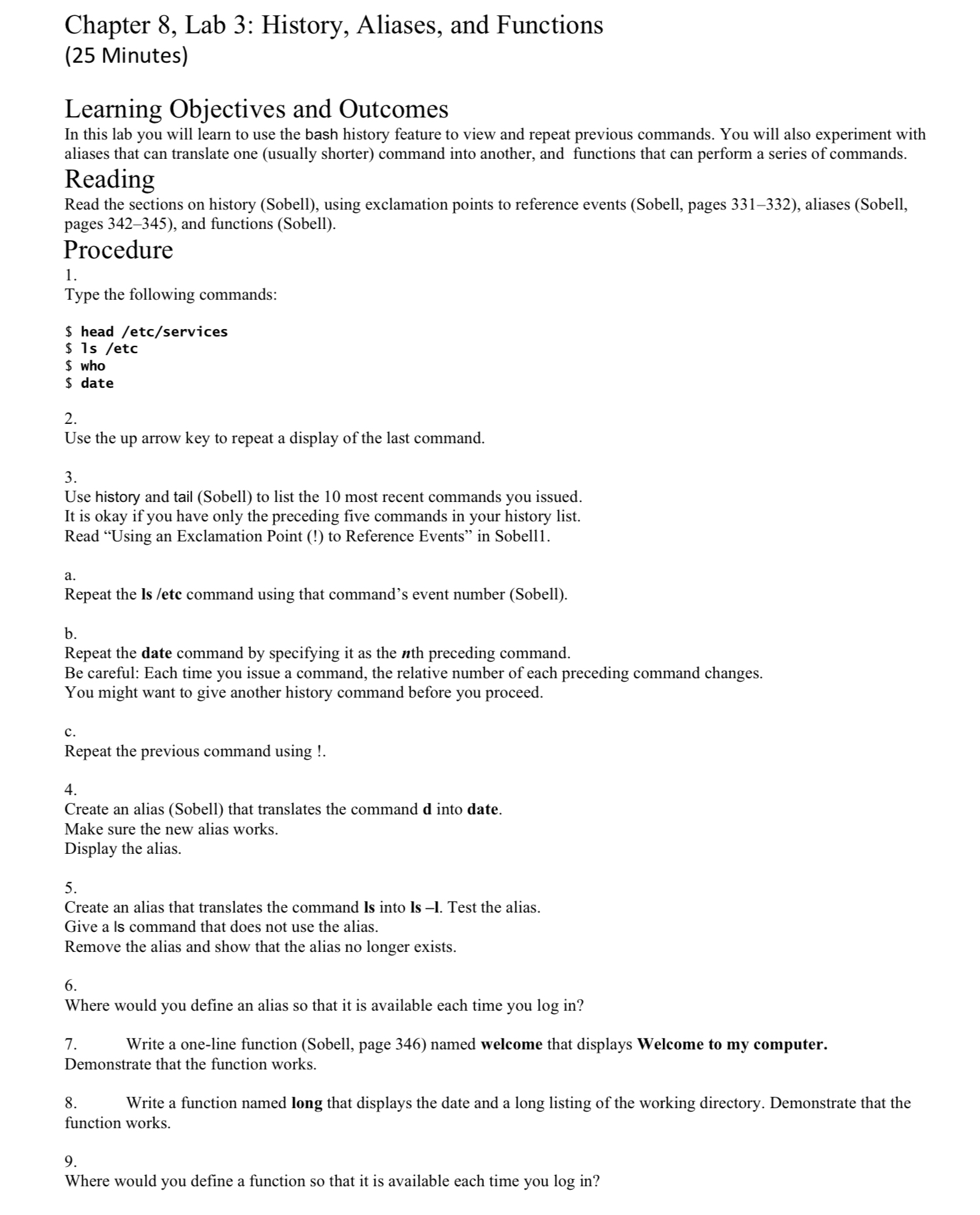  Chapter 8, Lab 3: History, Aliases, and Functions (25 Minutes) Learning