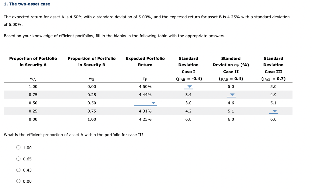 1. The two-asset case The expected return for asset A is