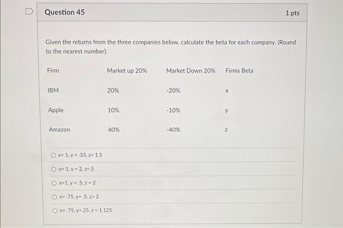  D Question 45 1 pts Given the returns from the three