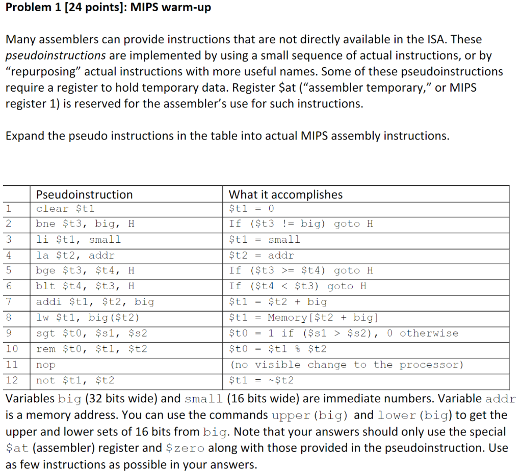  Problem 1 [24 points]: MIPS warm-up Many assemblers can provide instructions