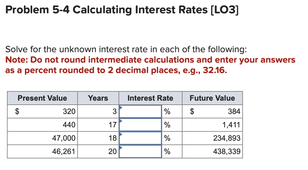  Problem 5-4 Calculating Interest Rates [LO3] Solve for the unknown interest