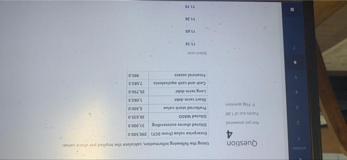 SECTION Question 4 Using the following information, calculate the implied pershare