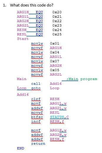 1. What does this code do? ARGIH EQU Ox20 ARGIL EOU