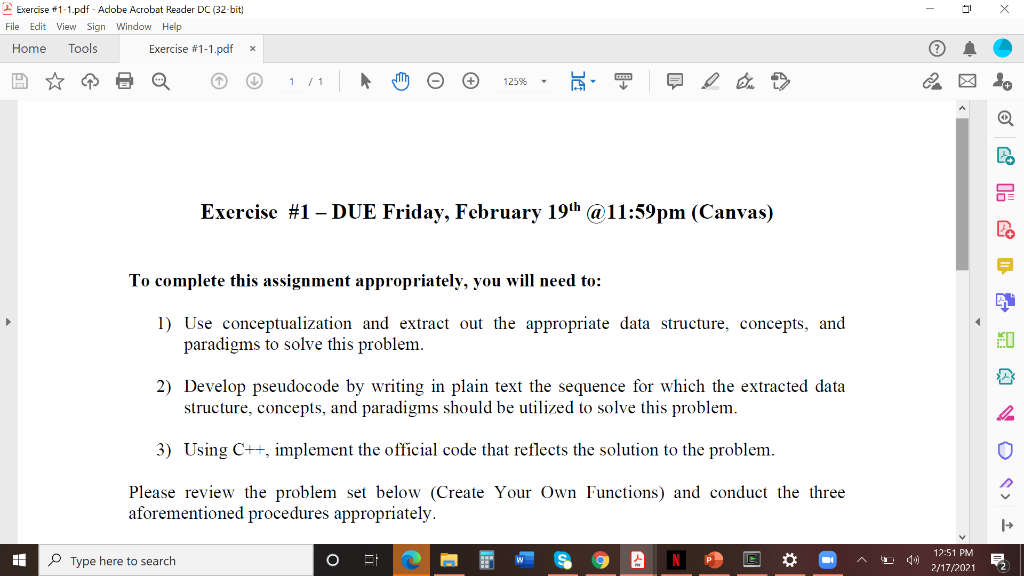  Exercise #1-1.pdf - Adobe Acrobat Reader DC (32-bit) File Edit View
