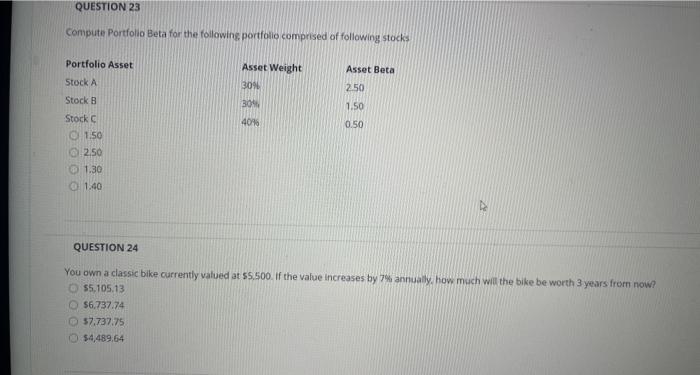  QUESTION 23 Computer Portfolio Beta for the following portfolio comprised of
