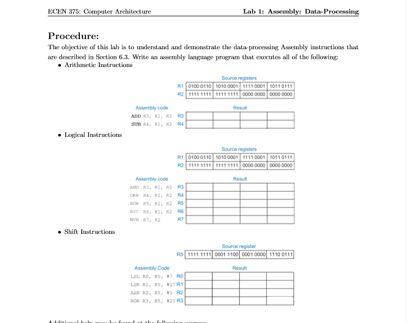 ECEN 375: Computer Architecture Lab 1: Assembly: Data-Processing Procedure: The objective