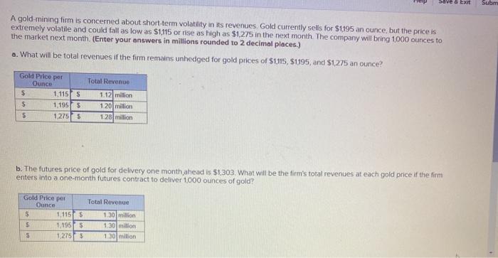  Save & Exit Subm A gold-mining firm is concerned about short-term