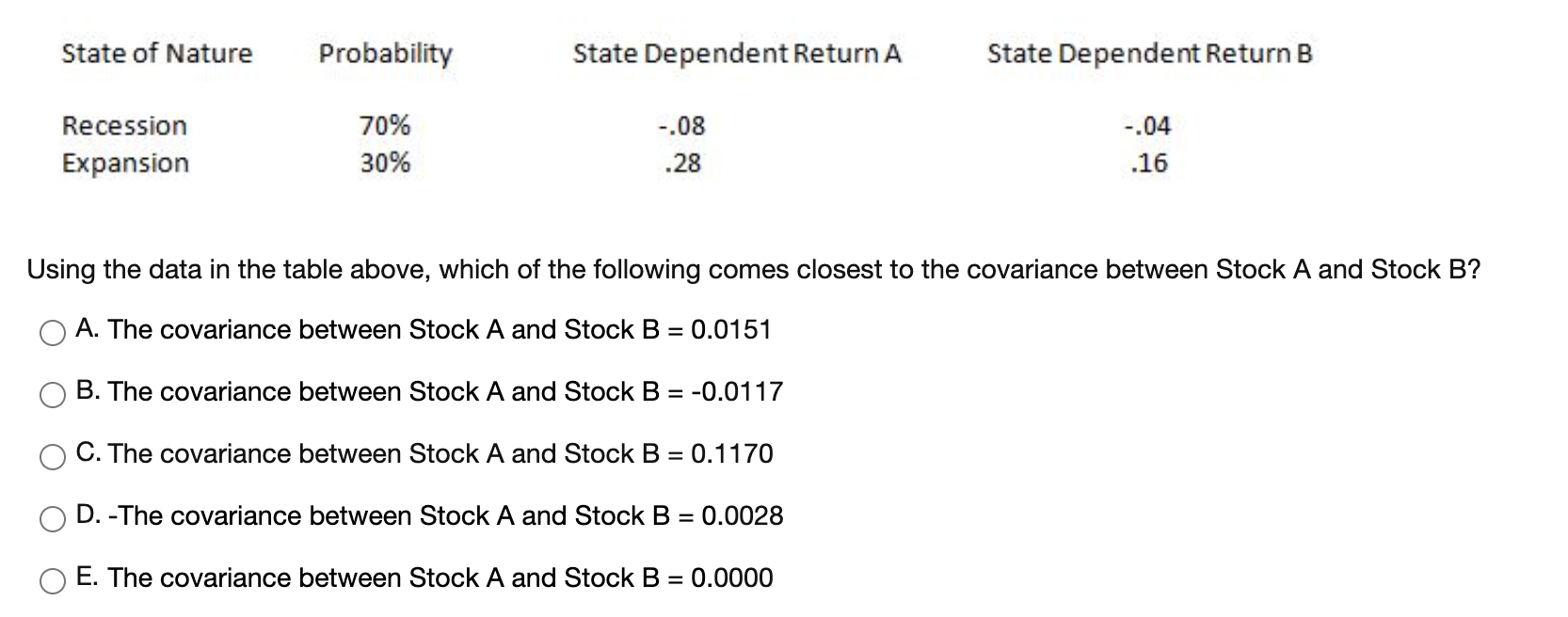  State of Nature Probability State Dependent Return A State Dependent Return