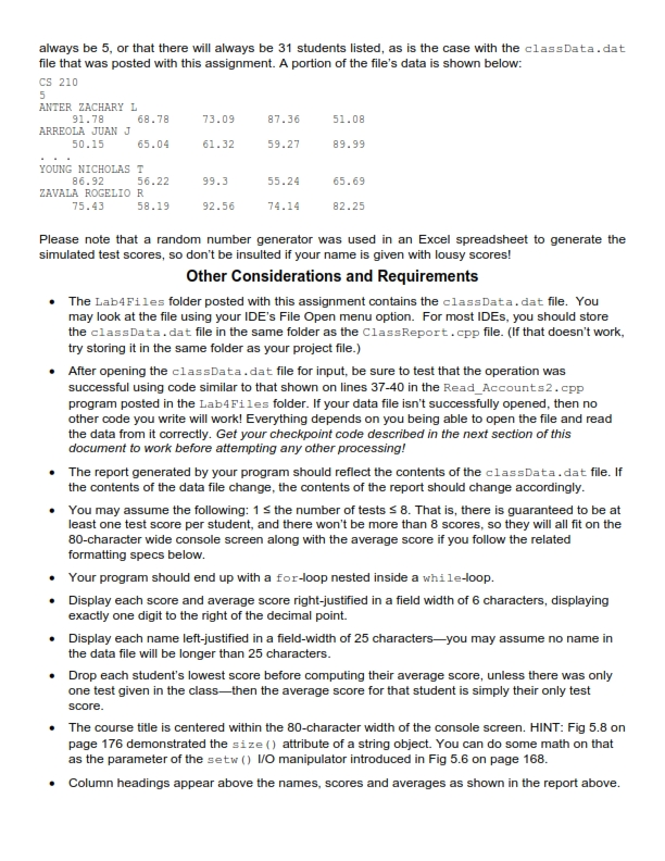 grade report. The data in the text file will contain the class