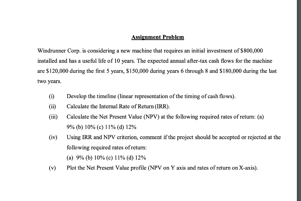 Assignment Problem Windrunner Corp. is considering a new machine that requires