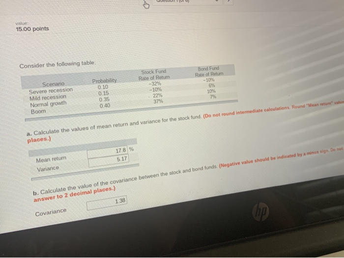  ( UB) value: 15.00 points Consider the following table: Scenario Stock
