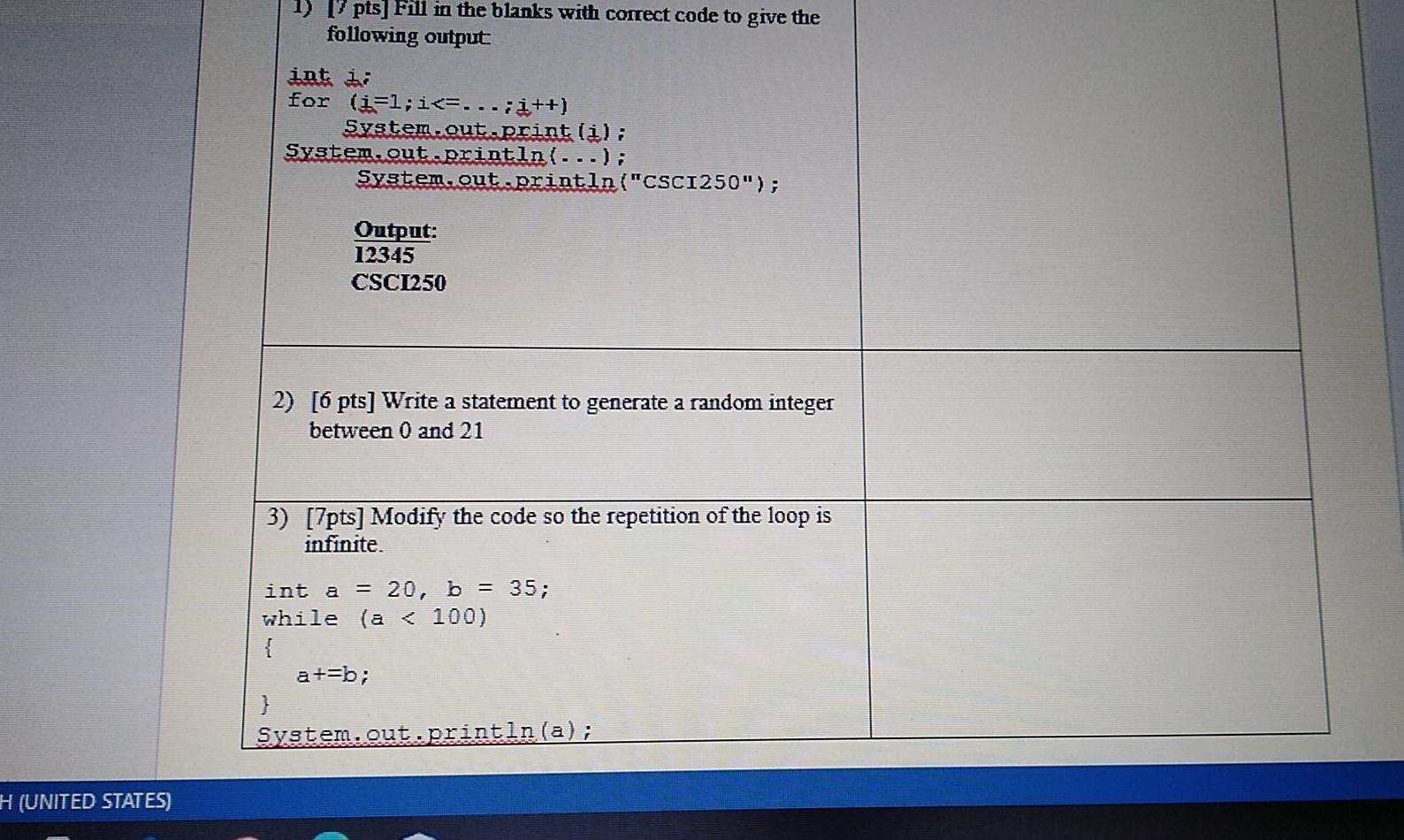 java please java please 1) [pts] Fill in the blanks with