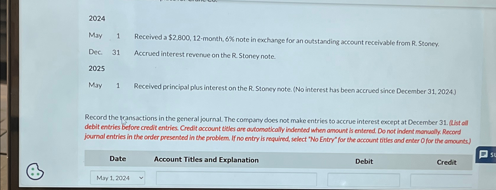  2024 May 1 Received a $2,800,12-month, 6% note in exchange for