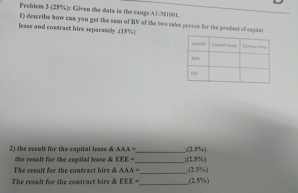  Problem 3 (25%): Given the data in the range A1:M1001, 1)