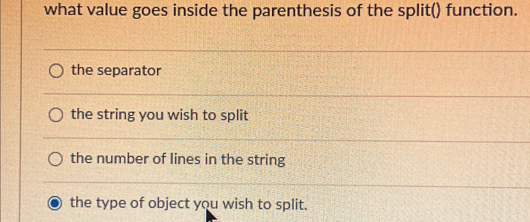  what value goes inside the parenthesis of the split() function. the