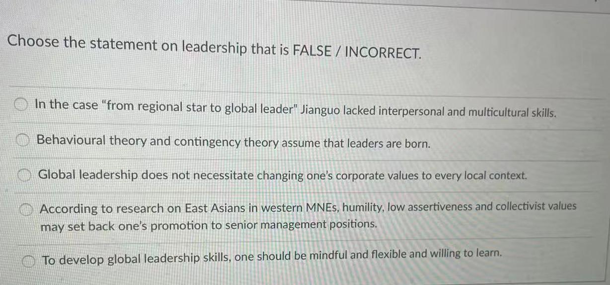  Choose the statement on leadership that is FALSE / INCORRECT. In