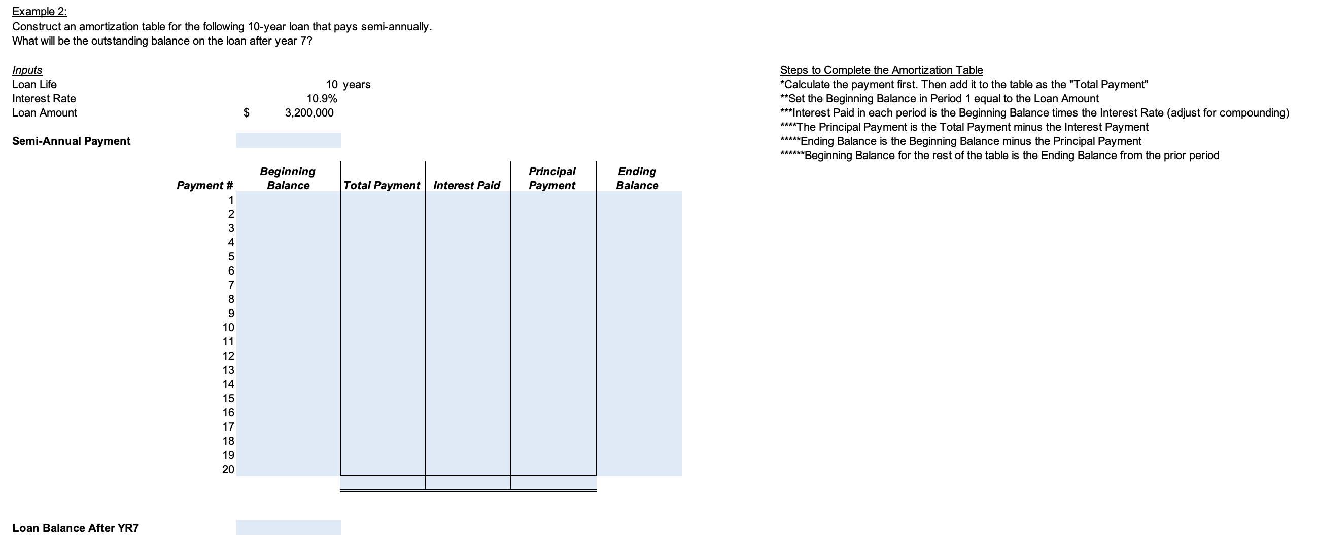 Example 2: Construct an amortization table for the following 10 -year