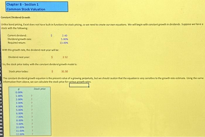  Unlike bond pricing, Excel does not have built-in functions for stock