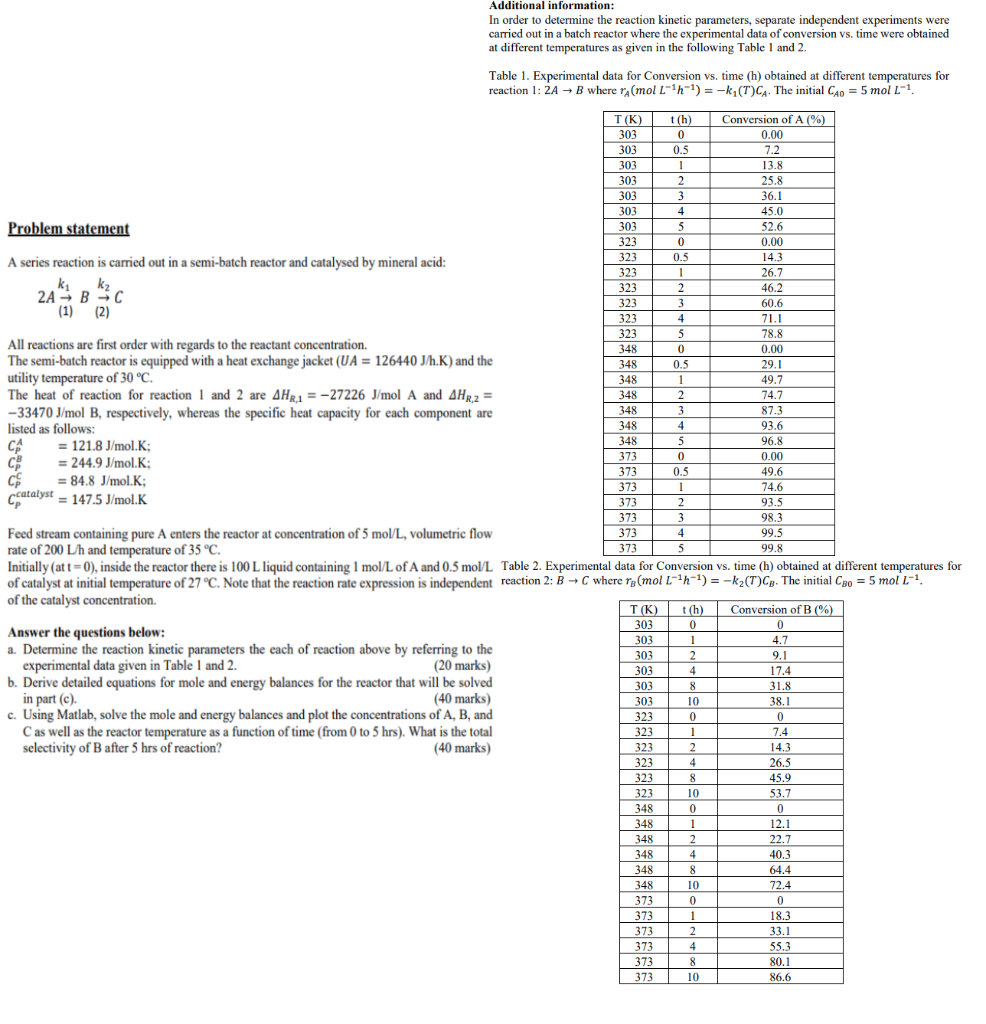 Please Include Excel and Matlab Additional information: In order to determine the