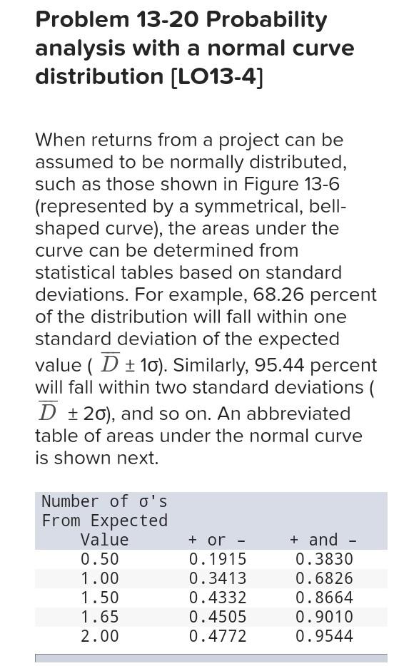  Problem 13-20 Probability analysis with a normal curve distribution [LO13-4] When