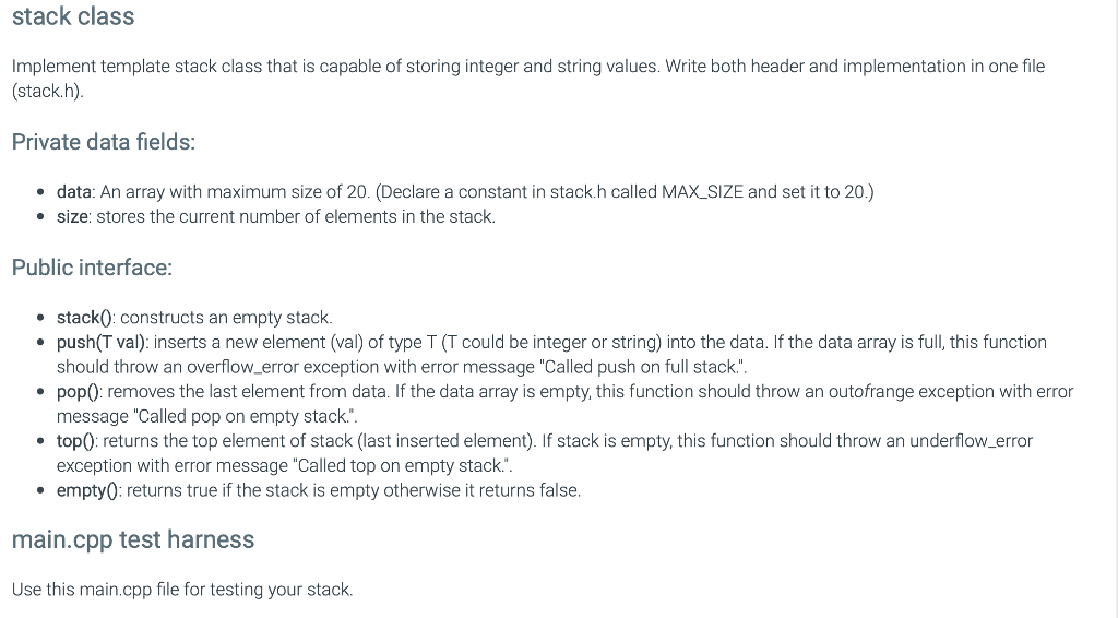 stack class Implement template stack class that is capable of storing