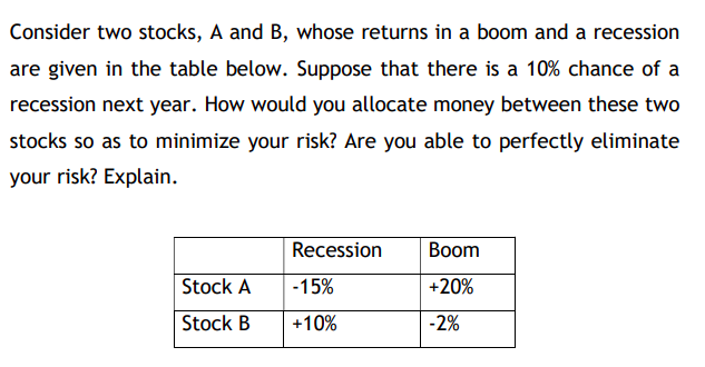  Consider two stocks, A and B, whose returns in a boom