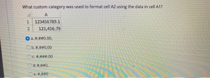  What custom category was used to format cell A2 using the
