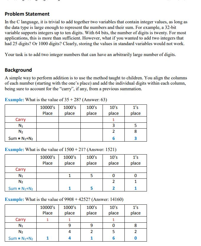 "Background" section. Each number is to be stored in its own integer