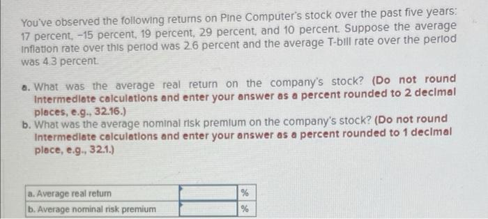  You've observed the following returns on Pine Computer's stock over the